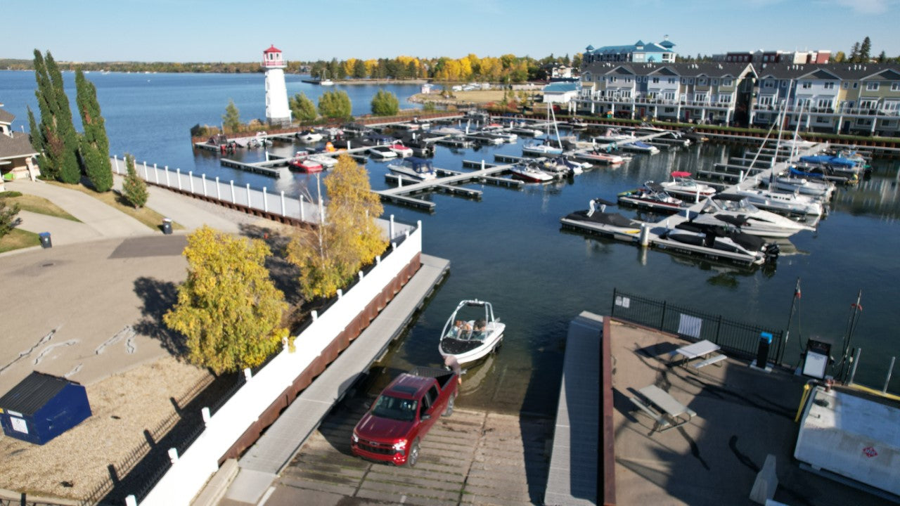 Boat Launch in Sylvan Lake, visit The Launch for access to a cement boat ramp.