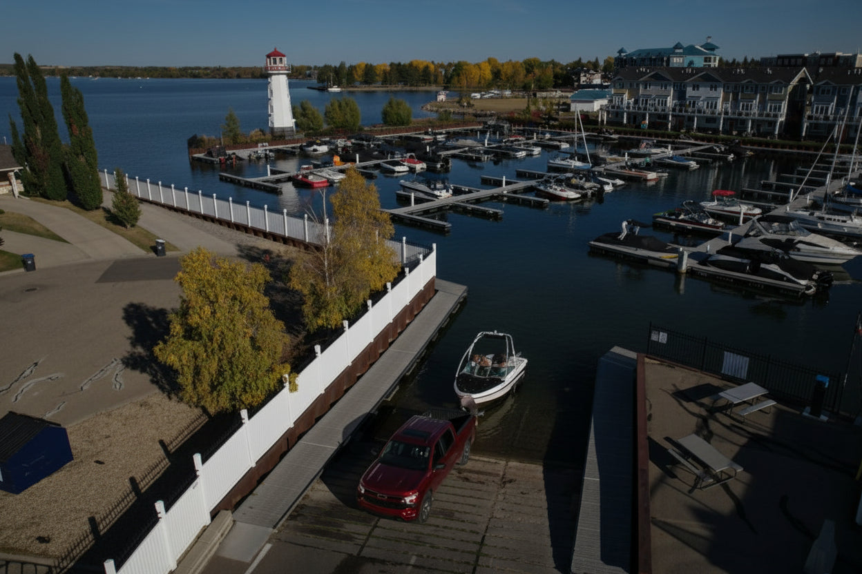 Boat Launch in Sylvan Lake, visit The Launch for access to a cement boat ramp. 
